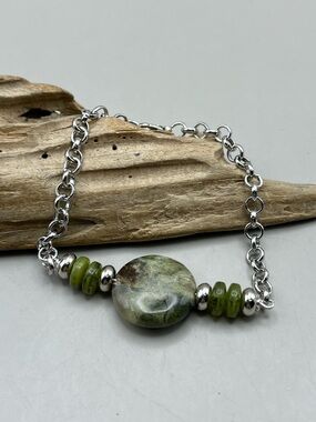 Silver Tone Rhyolite Gemstone Bracelet | Green Stone Beaded Chain/ boho chic